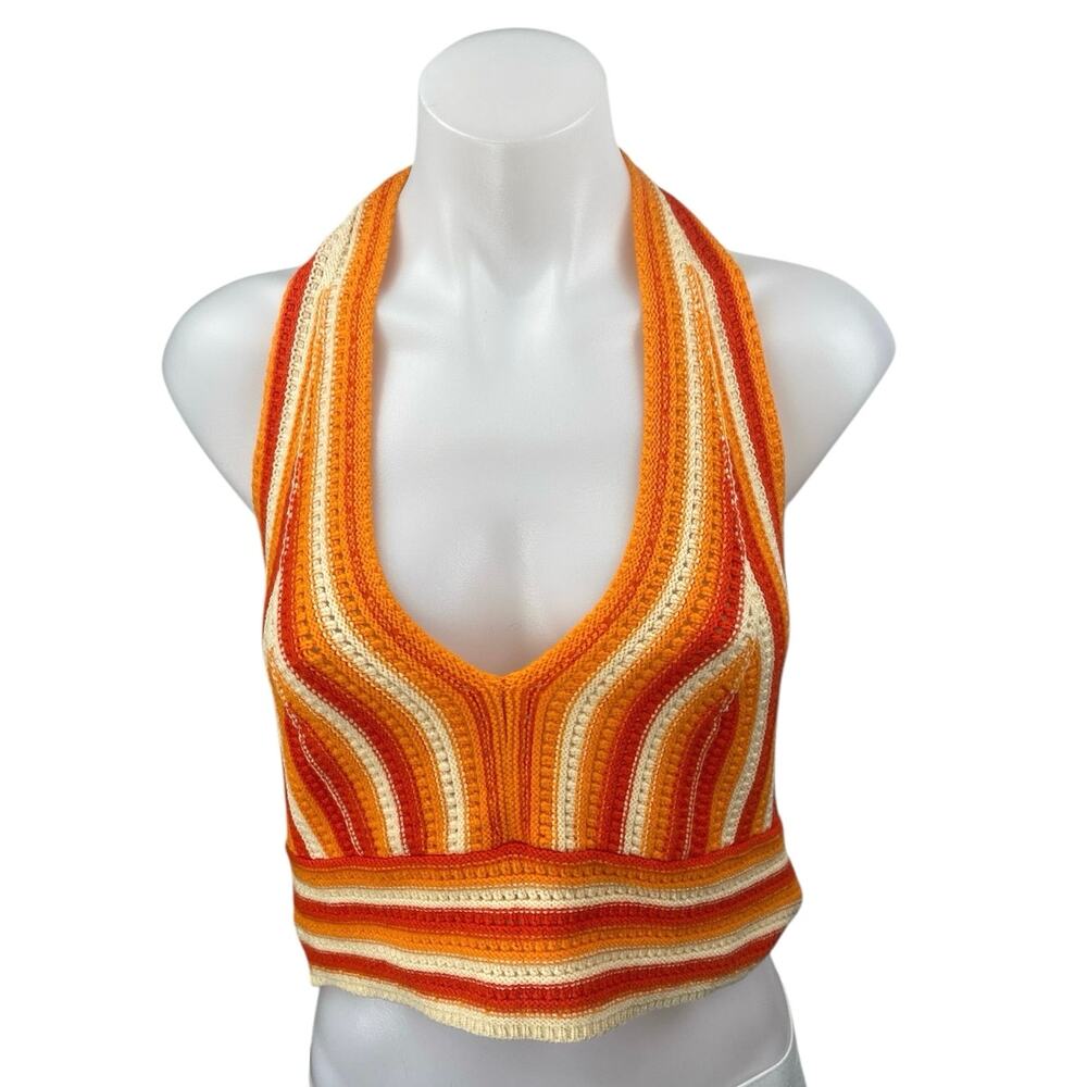 Shein Orange Crochet Knit Sleeveless Halter Cami Camisole Crop Tank Top Size 12